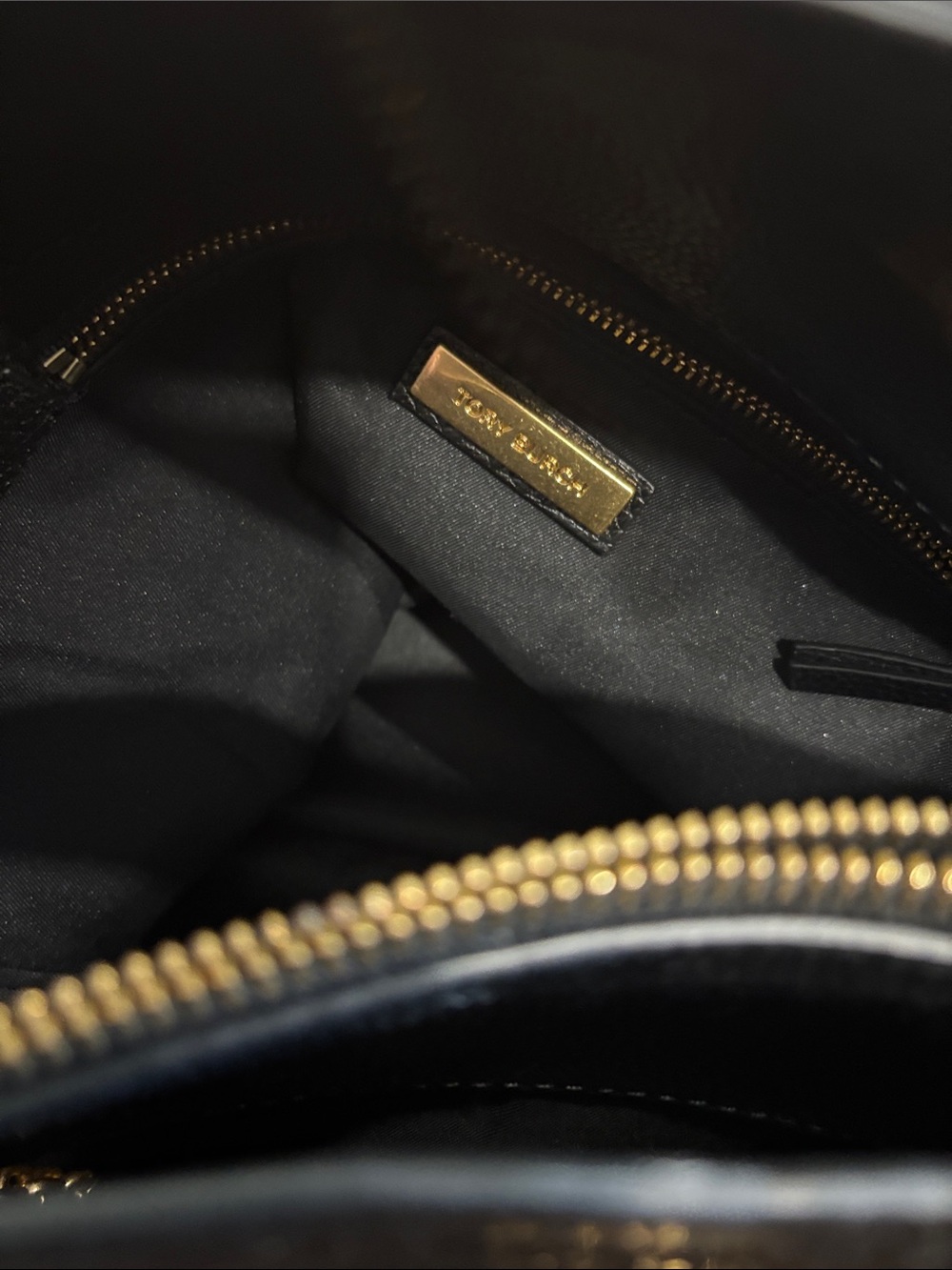 Tory Burch Dark Navy Almost Black Leather Tote with Gold Logo & Chain Straps - Picture 2 of 12
